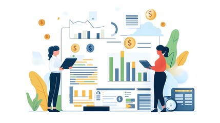 Naklejka premium A scene illustrating financial freedom achieved through strategic asset management and passive income streams, highlighted by financial charts and icons on a white background 