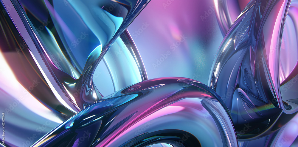 Fototapete 3d render of colorful abstract background with shiny glass shapes, gradient, fluid and curved lines.