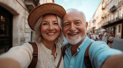 Obraz premium A loving elderly couple takes a selfie. This photo shows a happy couple, perfect for travel and tourism themes.