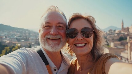 A happy senior couple takes a selfie. Perfect for travel blogs, articles, and social media posts about adventure, retirement, and love.