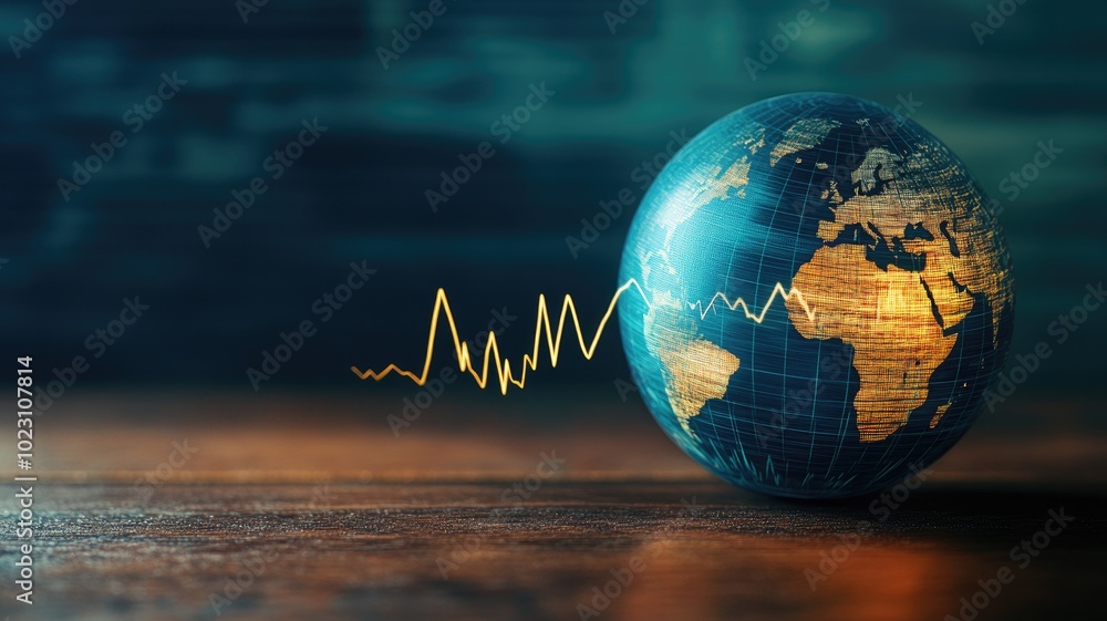 Poster glowing globe with superimposed pulse line, symbolizing global connections and data exchange