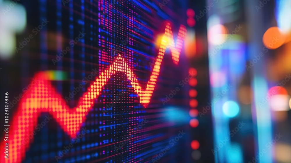 Poster close-up of digital chart displaying red upward trend and blue grid lines