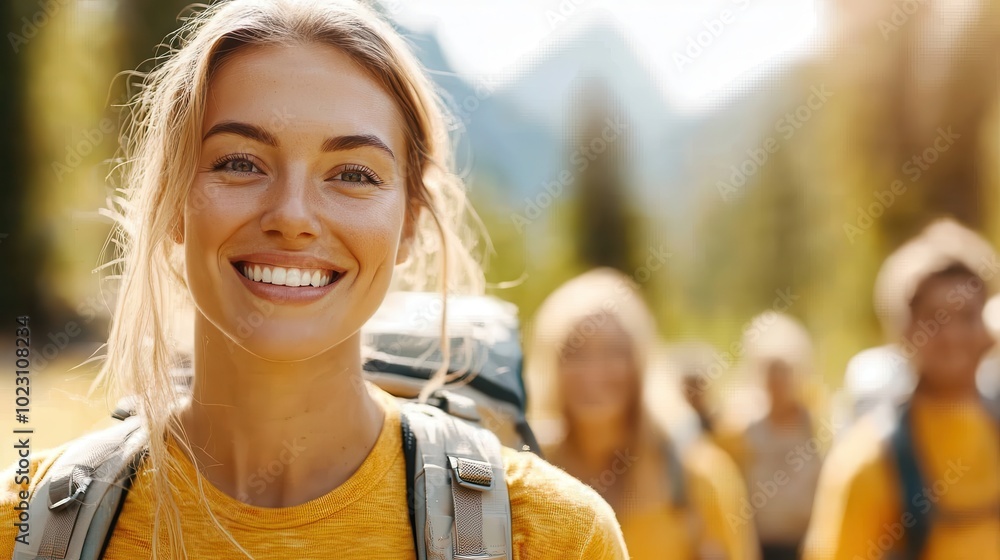 Wall mural a young woman happily smiles under the sunlight, surrounded by a natural setting, with her friends c