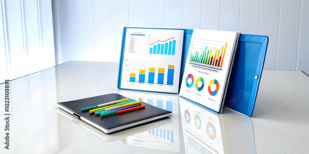 Poster 3d glossy presentation folder mockup with marketing proposals and graphic concepts on polished desk 
