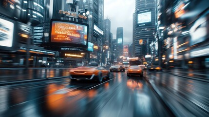 Fototapeta premium A futuristic urban cityscape at night with neon signs and advertisements, showcasing a busy street with cars in motion, and towering skyscrapers with illuminated windows.
