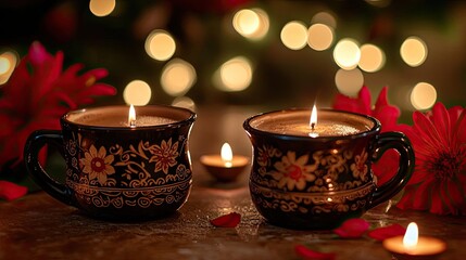 Fototapeta premium A warm and inviting scene featuring decorative candles with soft lighting, perfect for creating a cozy atmosphere.