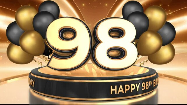 98 years, 98th birthday loop, looped video background, backdrop in 3D Gold with balloons
