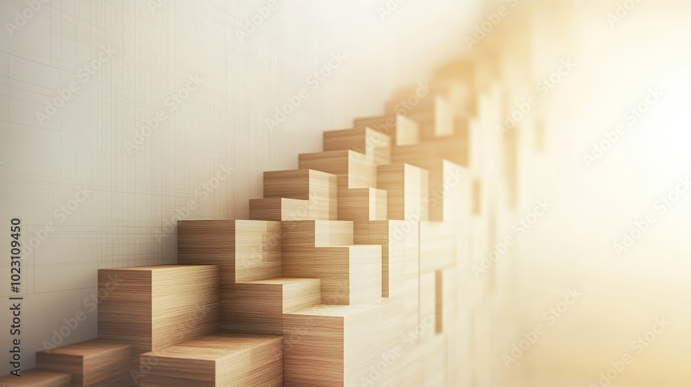 Poster abstract wooden blocks arranged in ascending staircase pattern, illuminated by soft light