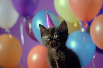 Festive black cat in purple birthday hat among inflatable balloons on purple background.