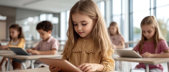 Fototapeta premium A young girl focused on her tablet in a modern classroom while other children engage in learning activities.