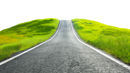 Uphill Road Between Green Grassy Hills on a Transparent Background