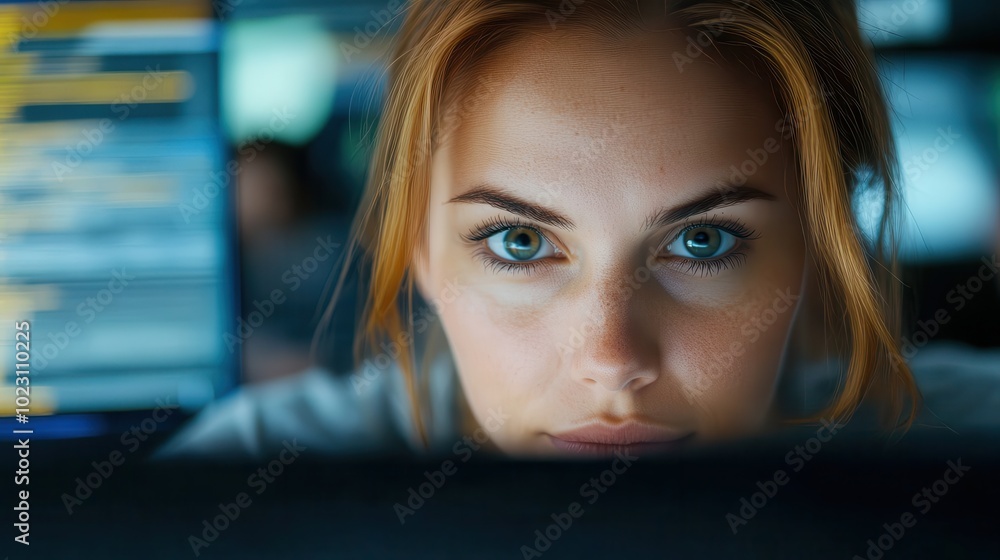 Aufkleber the intense stare of a woman focuses on the glowing computer screen, illustrating dedication and con