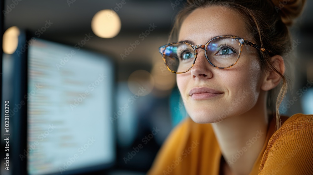 Poster a woman in a modern workspace smiles subtly as she codes on a computer screen, reflecting creativity