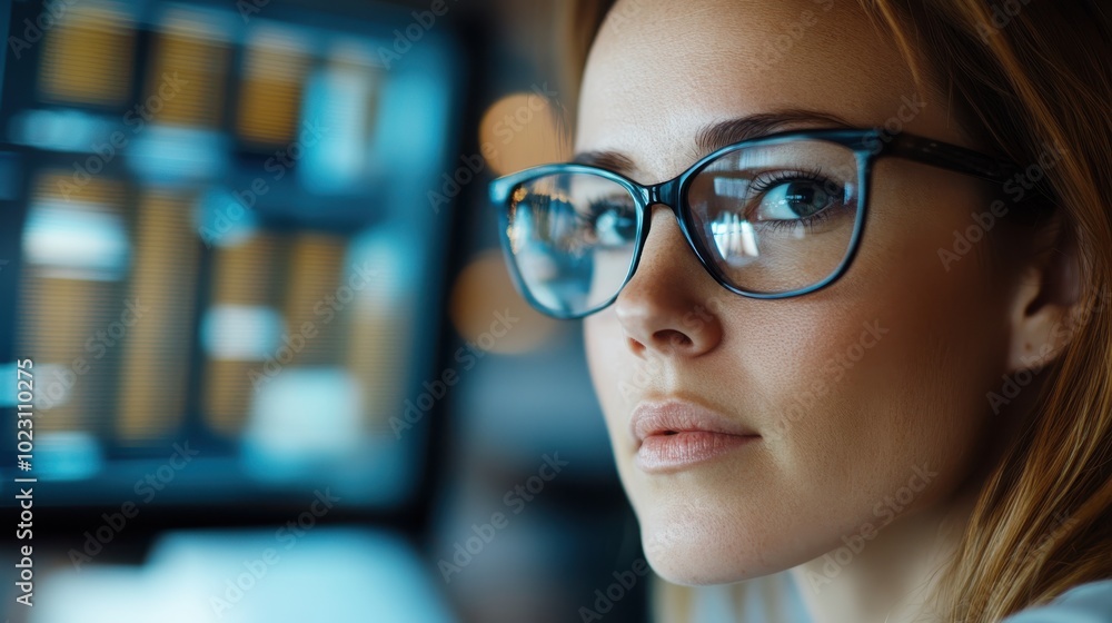 Poster a close-up of a woman, deeply contemplating as she observes computer code on the screen, signaling i