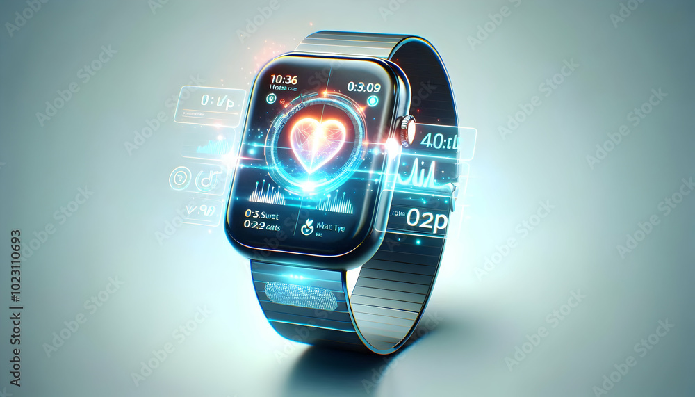 Poster futuristic 3d holographic smartwatch displaying glowing health metrics with copy space for branding 