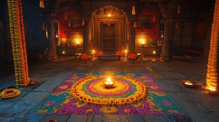 Obraz premium A vibrant ritual scene featuring colorful flower decorations and warm candlelight, creating a serene and inviting atmosphere.