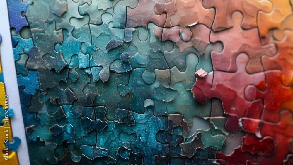Poster close up view of a partially assembled jigsaw puzzle with vibrant colors, emphasizing the intricate 