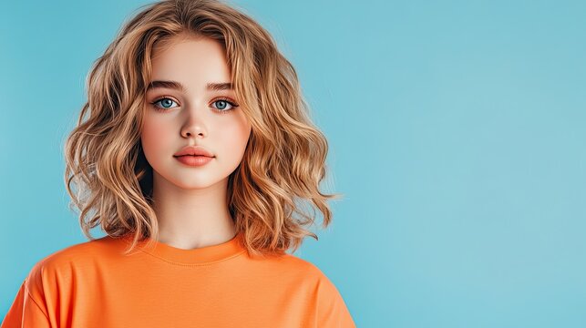 A young woman with wavy hair poses confidently against a vibrant blue background, wearing a bright orange shirt.