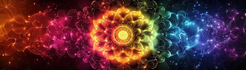 Fototapeta premium A vibrant and colorful digital abstraction featuring a symmetrical pattern with luminous hues and intricate details.