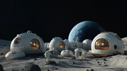 Naklejka premium Futuristic moon base with dome-shaped modules and astronauts exploring the lunar surface, Earth visible in the background against a starry sky.