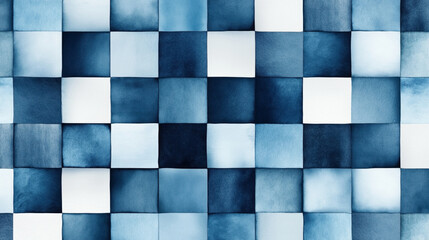Fototapeta premium Abstract geometric pattern with blue and white squares arranged in a seamless, repetitive grid. The pattern has a watercolor texture and gradient shading.