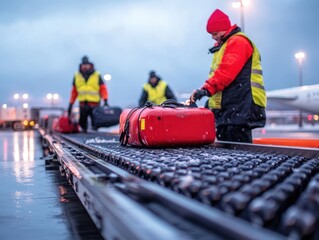 Airport baggage handlers efficiently transport red luggage on a conveyor belt in a winter setting under cloudy skies.