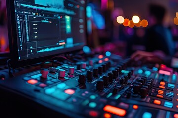 A close-up of a soundboard in a studio. This image can be used for articles, websites, or social media posts about music production, audio engineering, or live sound.