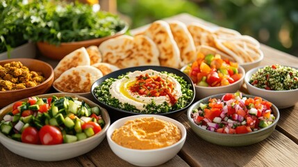 An assortment of fresh Mediterranean dishes arranged beautifully, featuring vibrant salads, hummus, and pita bread, perfect for sharing.
