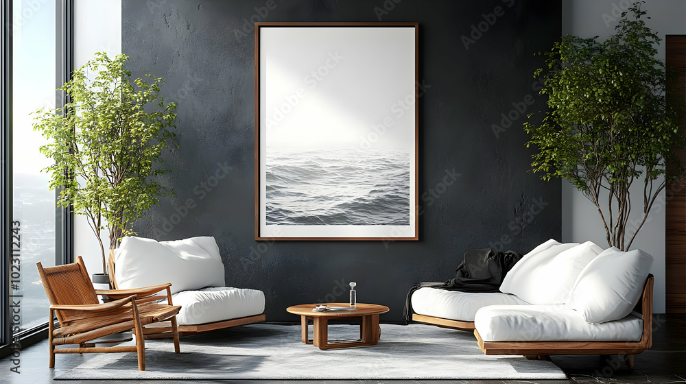 Wall mural Modern living room with ocean artwork and greenery accents.