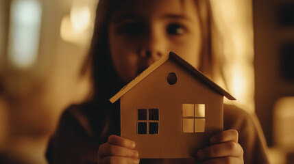 A blurred image of a child holding a cardboard cutout of a house, symbolizing the concept of adoption