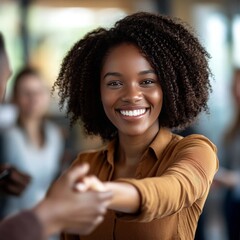 A joyful woman joins her team in a handshake.
