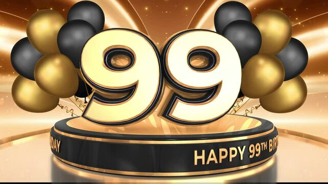 99 years, 99th birthday loop, looped video background, backdrop in 3D Gold with balloons
