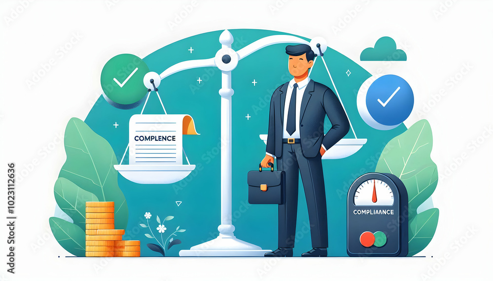 Poster flat vector illustration of isolated balance scale and compliance document symbolizing business inte