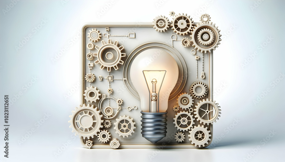 Aufkleber 3d border frame design featuring light bulb and interlocking gears for innovation, creative content 