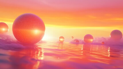 A surreal landscape featuring glowing spheres reflecting on a tranquil water surface at sunset.
