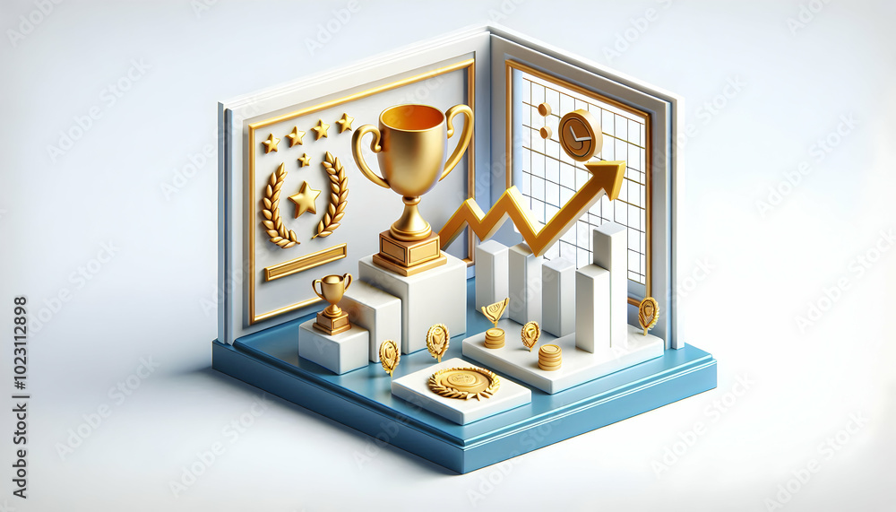 Poster 3d border frame with trophy and rising graph for achievement concept - perfect layout for showcasing