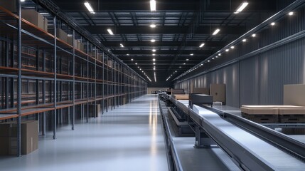Obraz premium Modern warehouse with conveyor belt system, bright lighting, and organized shelving units.