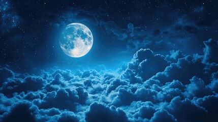 Moonlight shining on clouds, mystical night scene with a full moon.
