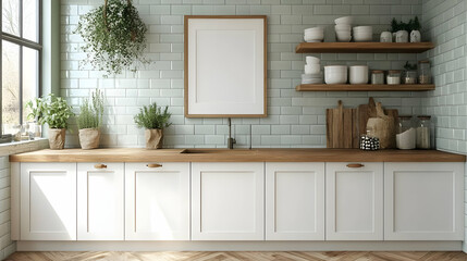 Fototapeta premium Modern kitchen with white cabinetry and natural decor elements.