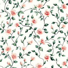Beautiful floral pattern featuring delicate pink roses and green leaves, perfect for fabric, wallpaper, or stationery designs.