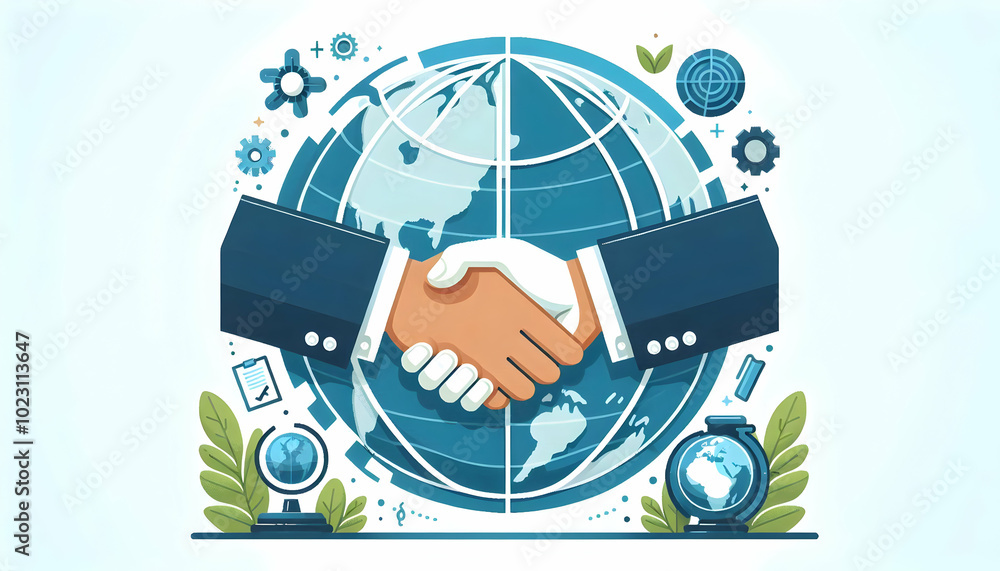 Aufkleber flat border frame design with handshake and globe for enhancing partnerships | copy space for global