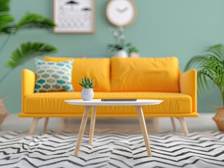 Bright living room with a yellow couch, modern decor, and a stylish coffee table featuring a small plant.