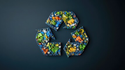 Recycling symbol made of various small plastic items on dark background