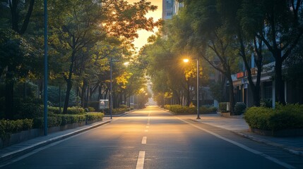 A quiet urban street at dawn, with minimal traffic, well-maintained greenery, and clean public spaces, reflecting a peaceful, orderly city design