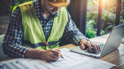 Engineer entering data on a carbon footprint calculation sheet



