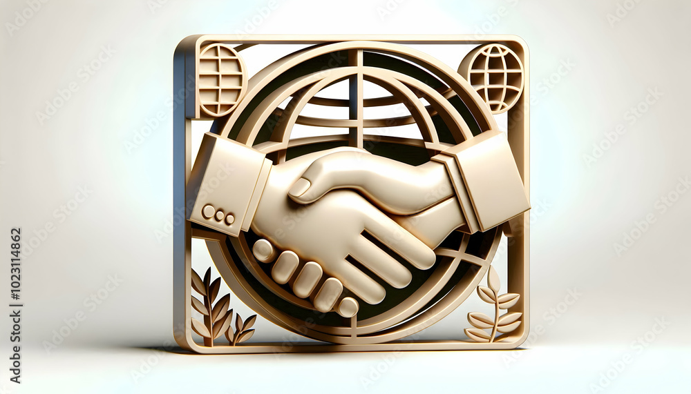 Aufkleber 3d border frame icon featuring handshake and globe for partnership concept with ample copy space for