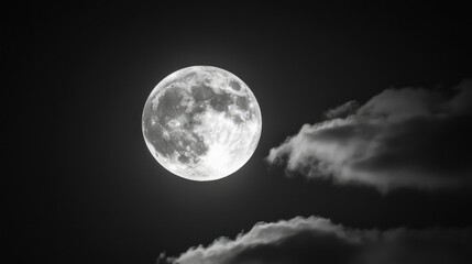 Obraz premium Silvery full moon rising above clouds, gentle glow on a calm, starlit night.
