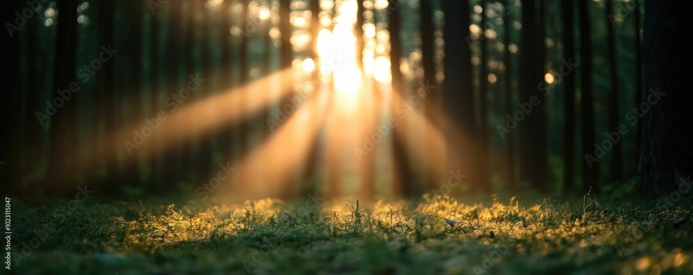 Poster bright morning light streams through the towering trees of a serene forest casting a warm glow and c