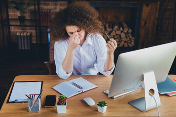 Photo of pretty curly young girl tired stressed headache wear formalwear business adviser coworking successful nice light office