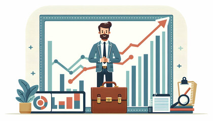 Flat Border Frame Design Featuring Briefcase and Rising Bar Chart for Success Concept - Professional Vector Illustration with Ample Copy Space
